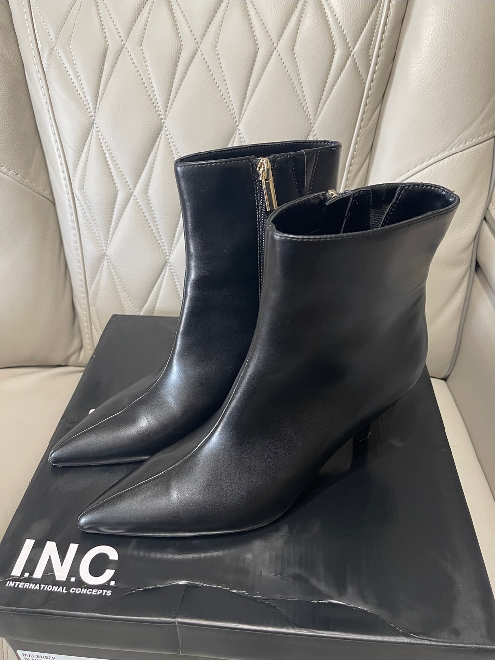 INC International Concepts Black Leather Pointed Toe Ankle Booties with Side Zip
